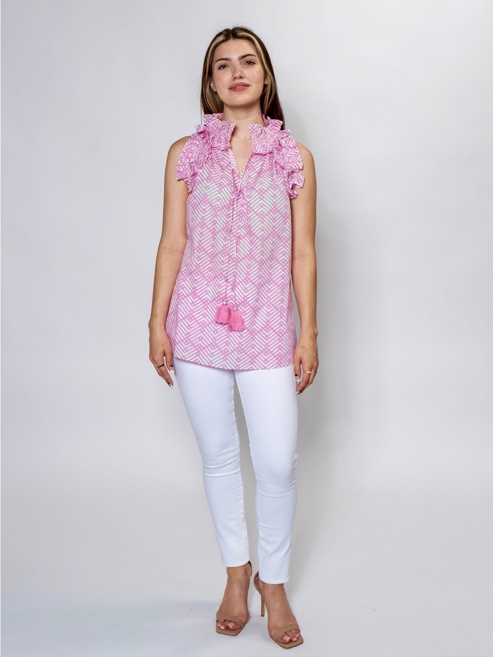 Sleeveless Pink Ruffle-Collar Chemise with Tassel Tie